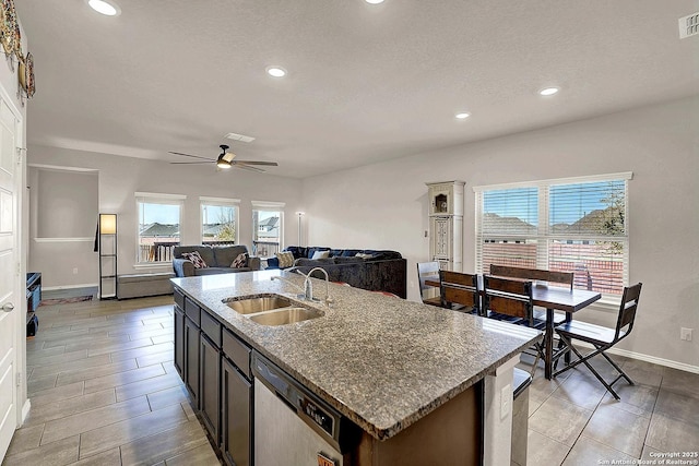 kitchen with stainless steel dishwasher, ceiling fan, a healthy amount of sunlight, and a sink