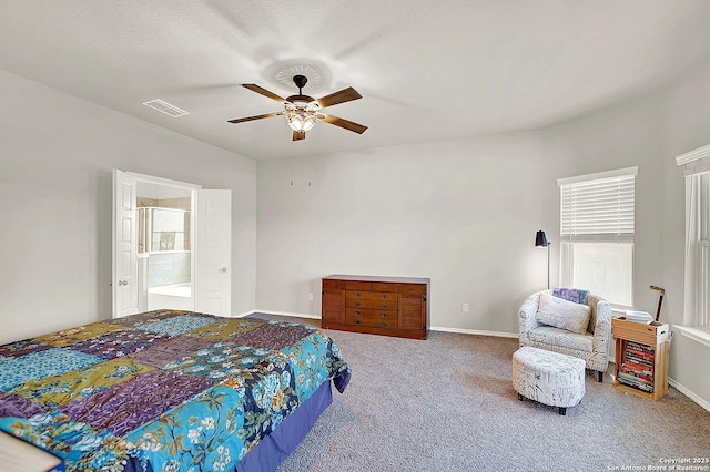 bedroom with a ceiling fan, baseboards, visible vents, carpet floors, and a textured ceiling