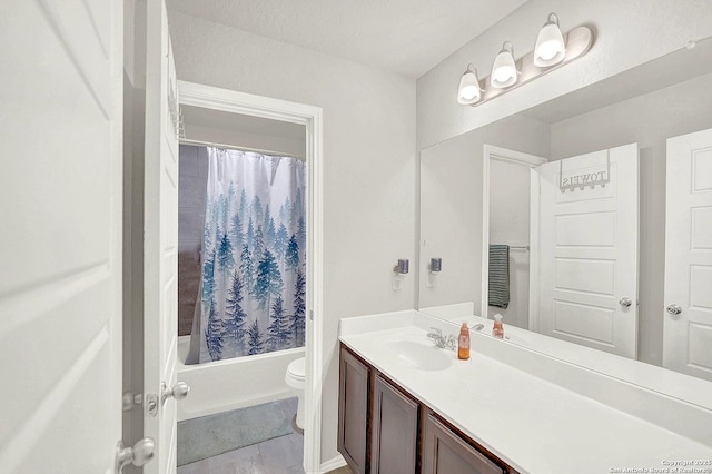 full bath with vanity, tile patterned floors, toilet, and shower / tub combo with curtain