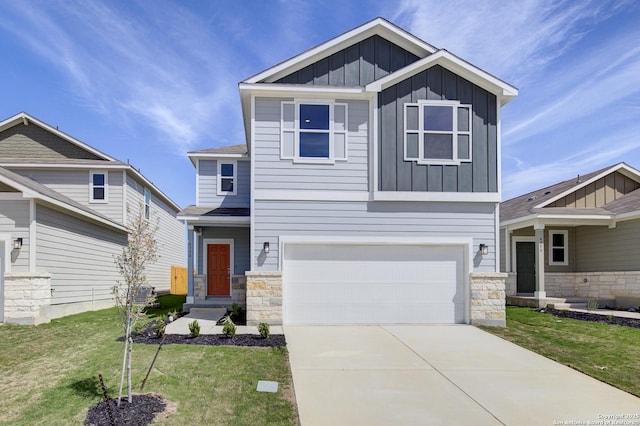 craftsman inspired home with driveway, an attached garage, board and batten siding, and stone siding