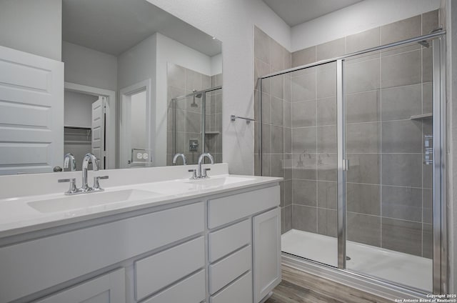 bathroom featuring a shower stall, wood finished floors, double vanity, and a sink