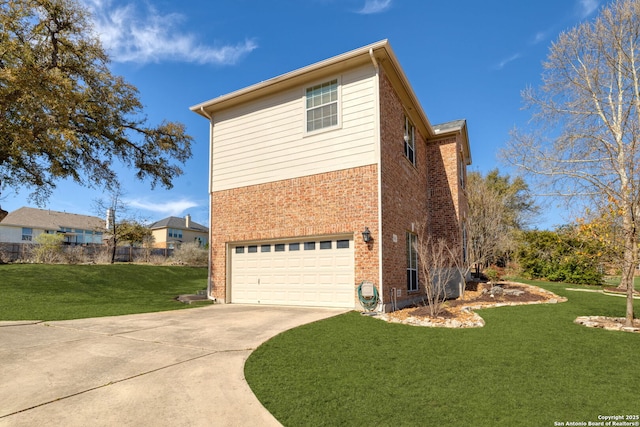 view of property exterior with brick siding, an attached garage, driveway, and a yard