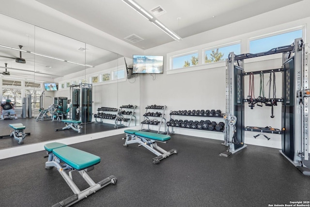 exercise room featuring visible vents and a healthy amount of sunlight