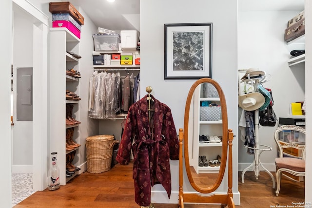 spacious closet with electric panel and wood finished floors