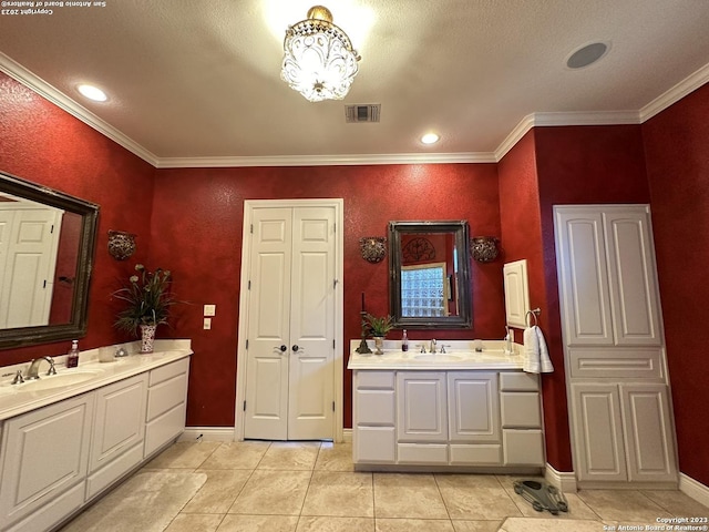 full bathroom with vanity, crown molding, visible vents, and tile patterned floors