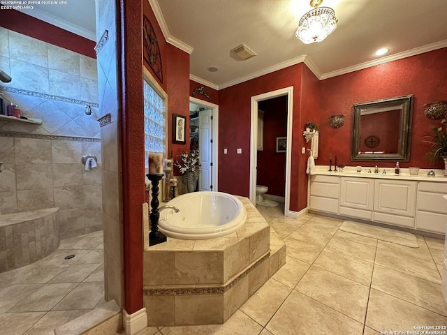 full bathroom featuring visible vents, a jetted tub, crown molding, and a tile shower