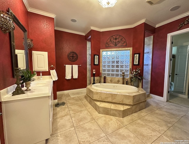 bathroom with a bath, tile patterned floors, vanity, and crown molding