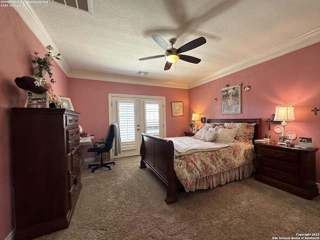 bedroom featuring ornamental molding, carpet flooring, french doors, a textured ceiling, and access to outside