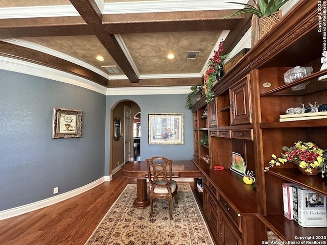 home office featuring visible vents, crown molding, dark wood-style floors, arched walkways, and coffered ceiling