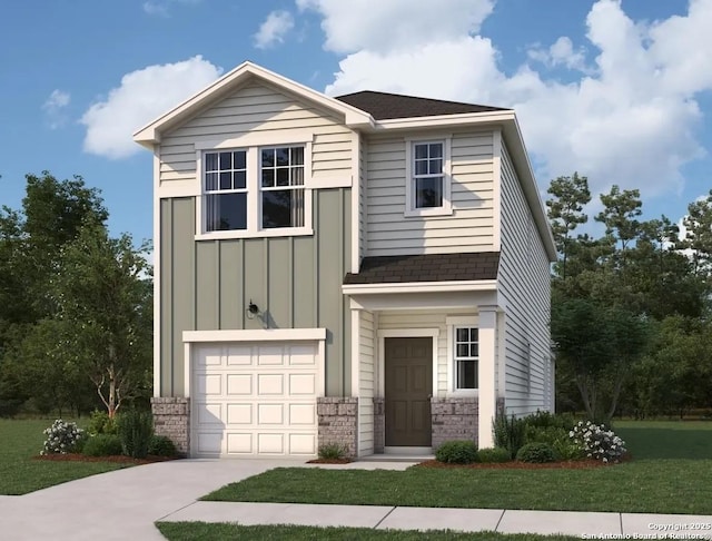 view of front of home with brick siding, board and batten siding, a front lawn, concrete driveway, and a garage