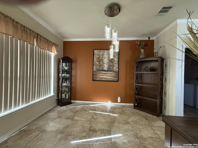 unfurnished dining area with visible vents, crown molding, and baseboards