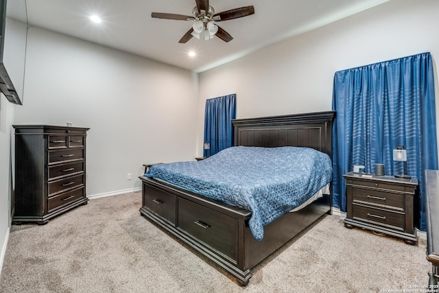 bedroom with a ceiling fan, recessed lighting, baseboards, and light carpet