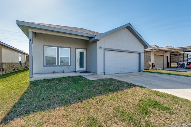 ranch-style home with a front lawn, a garage, driveway, and stucco siding