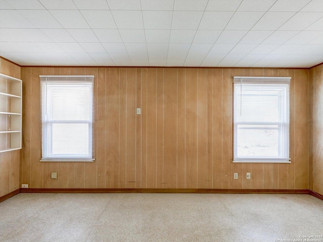 empty room with built in features, baseboards, and wood walls