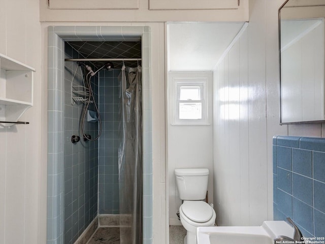 bathroom with a shower stall and toilet