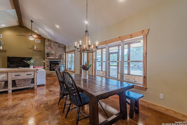 dining room with visible vents, high vaulted ceiling, a fireplace, beamed ceiling, and ceiling fan with notable chandelier