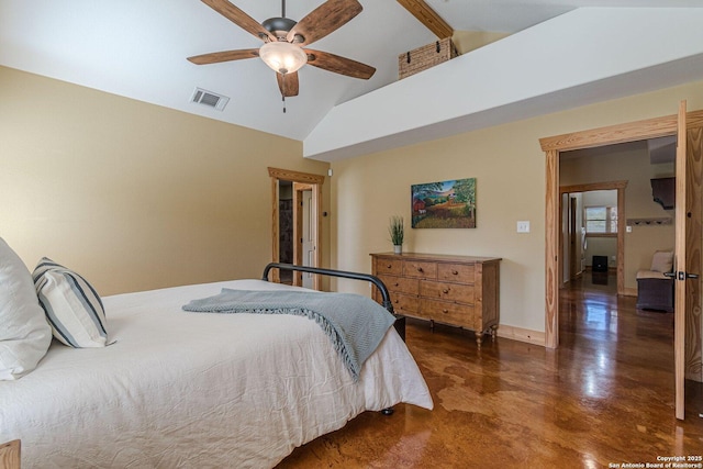 bedroom featuring visible vents, finished concrete flooring, ceiling fan, baseboards, and high vaulted ceiling