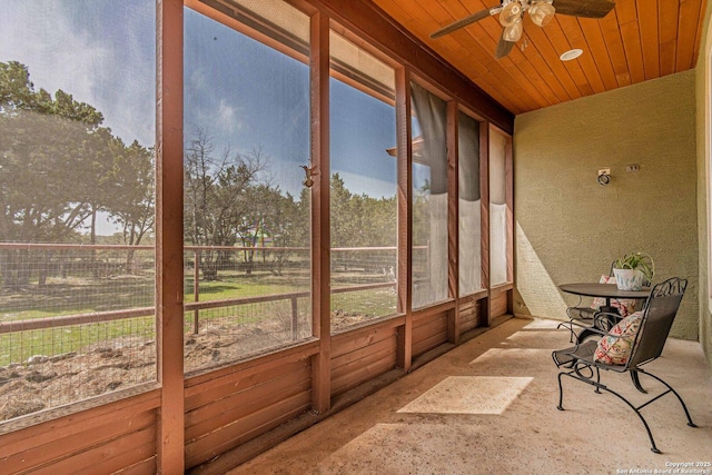 sunroom with wood ceiling and ceiling fan