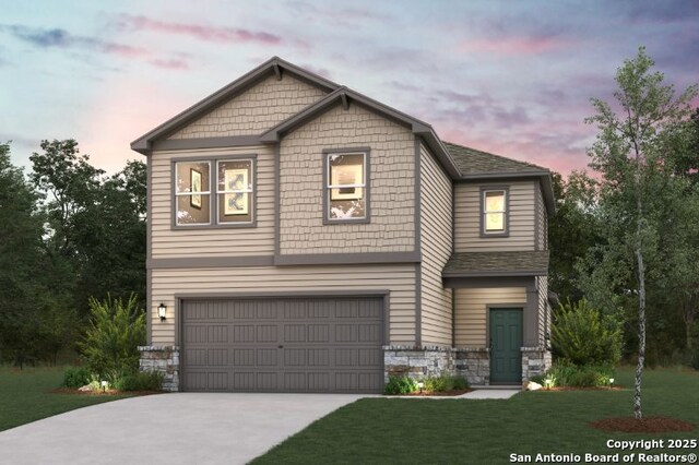 4734 Sahara Vlys, San Antonio, TX 78222 - craftsman inspired home with concrete driveway, a garage, stone siding, and a yard