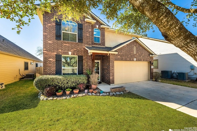 traditional home with brick siding, driveway, a front lawn, and a garage