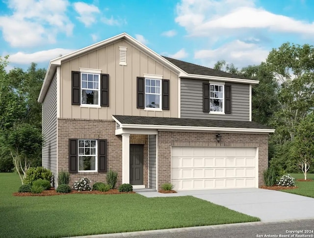 view of front of house with brick siding, board and batten siding, a front lawn, driveway, and an attached garage