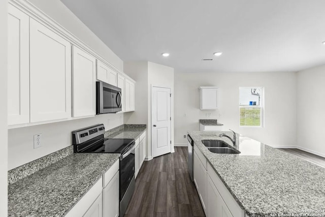 kitchen featuring dark wood finished floors, stainless steel appliances, a kitchen island with sink, and a sink