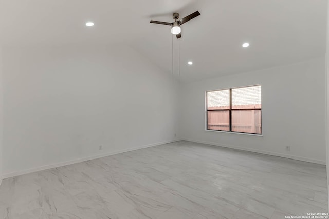 spare room featuring recessed lighting, baseboards, lofted ceiling, and a ceiling fan