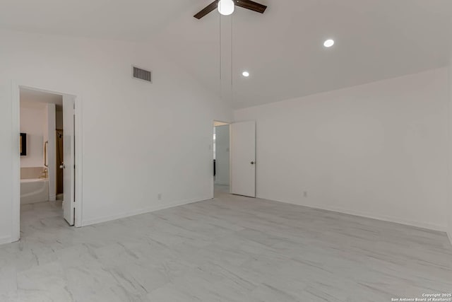 unfurnished room with visible vents, high vaulted ceiling, marble finish floor, recessed lighting, and ceiling fan