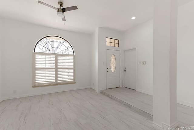 foyer entrance with recessed lighting, baseboards, marble finish floor, and ceiling fan