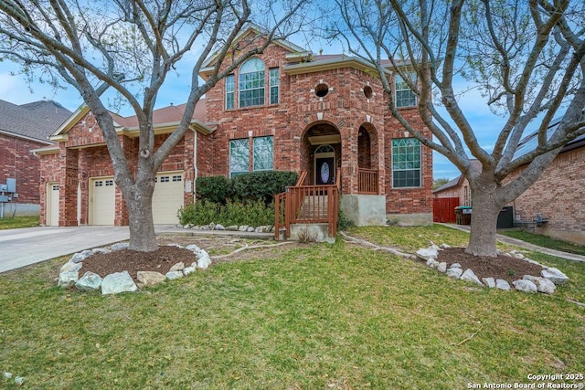 traditional-style home with brick siding, driveway, and a front yard