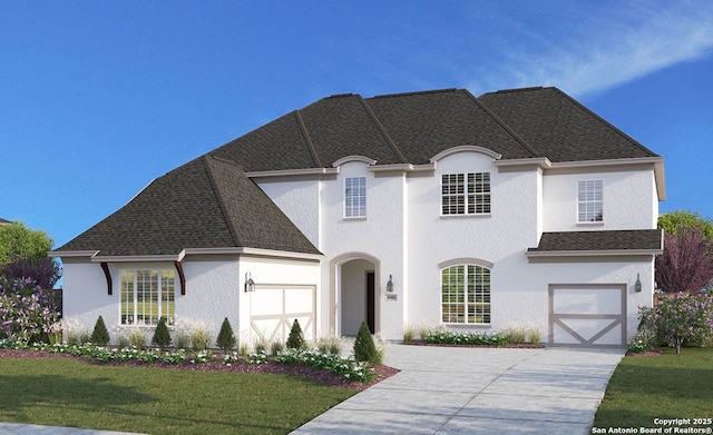 french country inspired facade featuring stucco siding, concrete driveway, and a front lawn