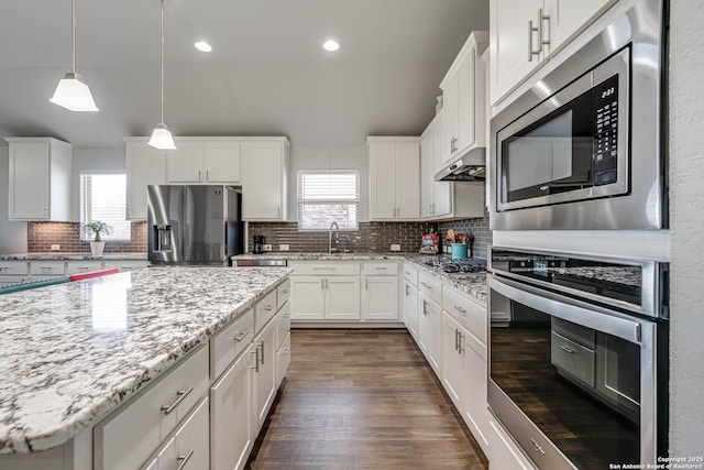 kitchen featuring tasteful backsplash, under cabinet range hood, appliances with stainless steel finishes, dark wood-style floors, and white cabinets