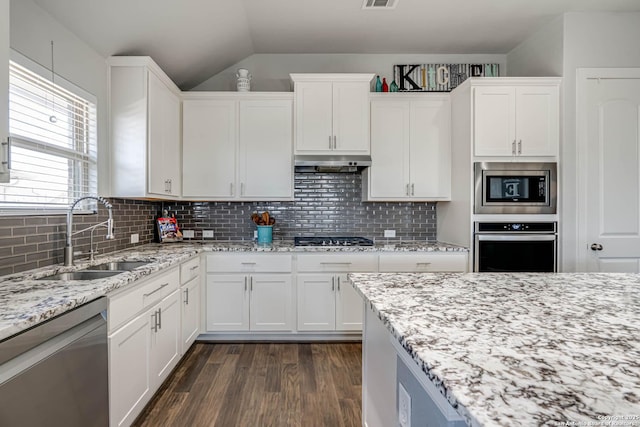 kitchen with dark wood-style flooring, a sink, under cabinet range hood, appliances with stainless steel finishes, and white cabinetry