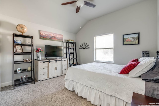 bedroom with light carpet, ceiling fan, and lofted ceiling