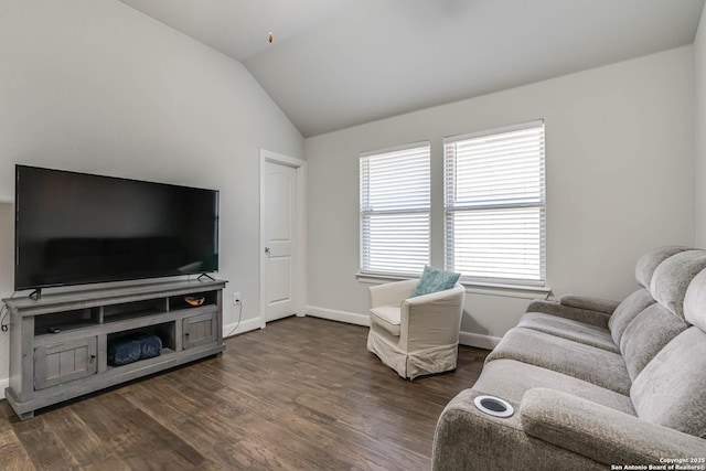 living room with dark wood finished floors, vaulted ceiling, and baseboards