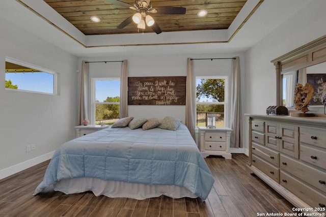 bedroom with baseboards, a raised ceiling, dark wood-style floors, and wooden ceiling