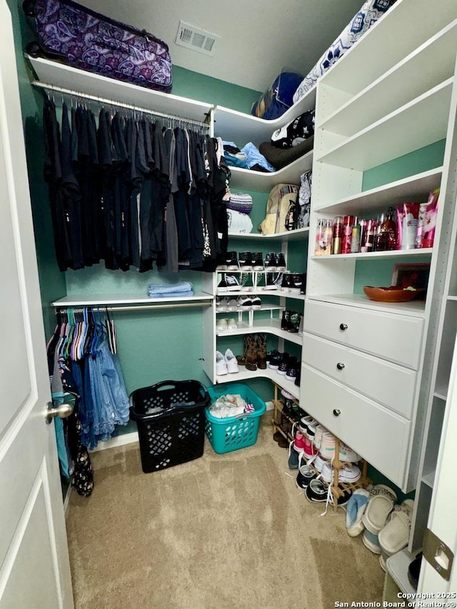 spacious closet with visible vents and carpet floors