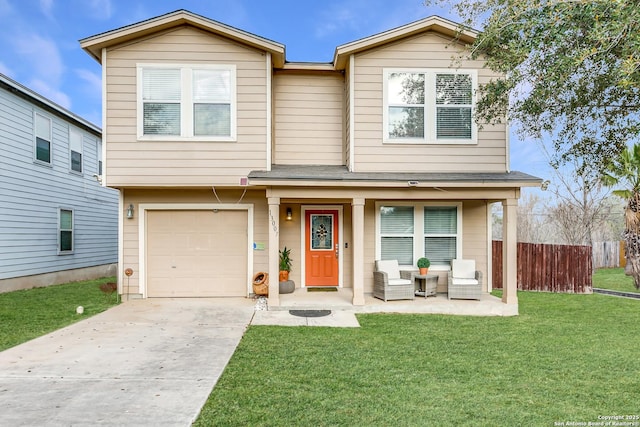 view of front facade featuring driveway, fence, roof with shingles, a front yard, and a garage