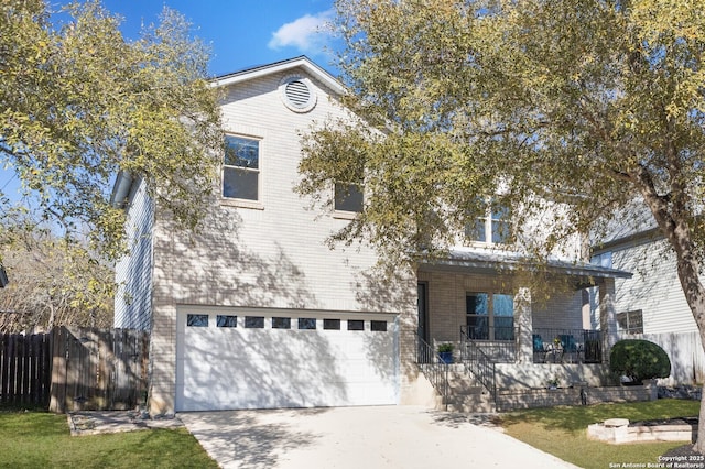 view of front of home featuring fence, an attached garage, covered porch, concrete driveway, and brick siding