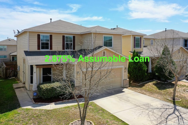 traditional home with concrete driveway and roof with shingles