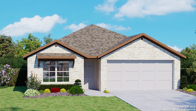 view of front of property featuring a front lawn, concrete driveway, roof with shingles, a garage, and stone siding