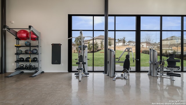 exercise room featuring a high ceiling and baseboards