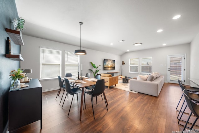 dining area with dark wood finished floors, recessed lighting, visible vents, and baseboards