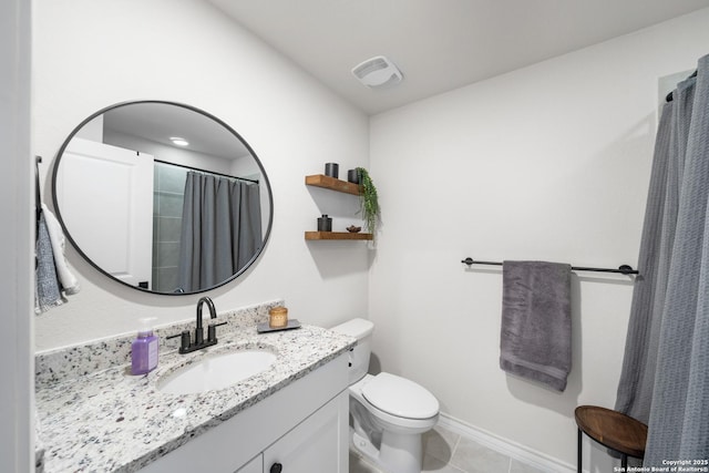 full bathroom with tile patterned floors, visible vents, toilet, and vanity