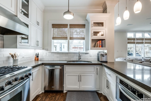 kitchen featuring dark countertops, under cabinet range hood, ornamental molding, appliances with stainless steel finishes, and a sink