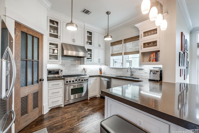 kitchen with visible vents, a sink, appliances with stainless steel finishes, under cabinet range hood, and dark countertops