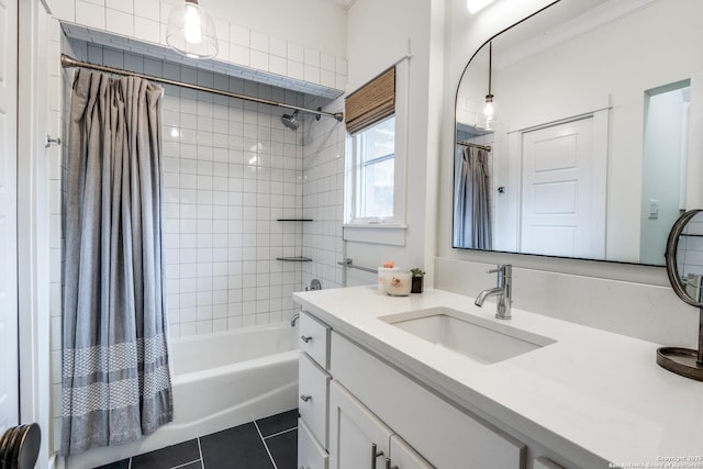 full bath featuring tile patterned floors, shower / bath combo, and vanity