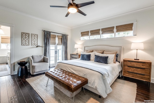 bedroom featuring dark wood-style floors, baseboards, ornamental molding, and access to exterior