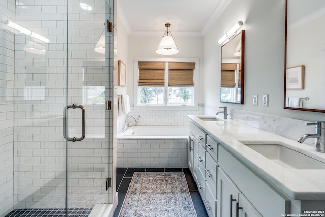 bathroom with a shower stall, ornamental molding, a garden tub, and a sink