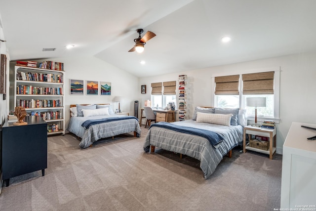 bedroom with visible vents, carpet, lofted ceiling, recessed lighting, and a ceiling fan